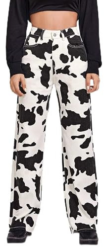 LYSINK Women's Y2k Denim Cow Print Casual Pants High Waisted Straight Leg Jeans Color Block Baggy Trouser with Pocket (A-a-Black White, M)