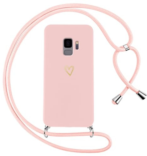 Oelrstfe Coque pour Samsung Galaxy S9 avec Cordon de Collier Étui Housse Souple Silicone avec Motif Coeur et Portable Lanyard Réglable Antichoc Anti-Chute Bandoulière Lanière Case,Rose
