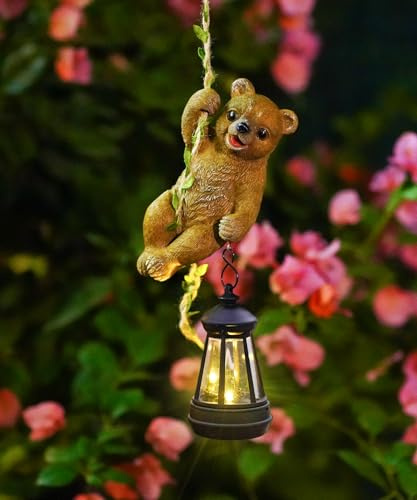Solar Hängender Braunbär Gartenstatue Kletterseil Bär mit LED Laterne Outdoor Dekor Baum Hugger Yard Veranda Wanddekoration Garten Geschenke für Mama