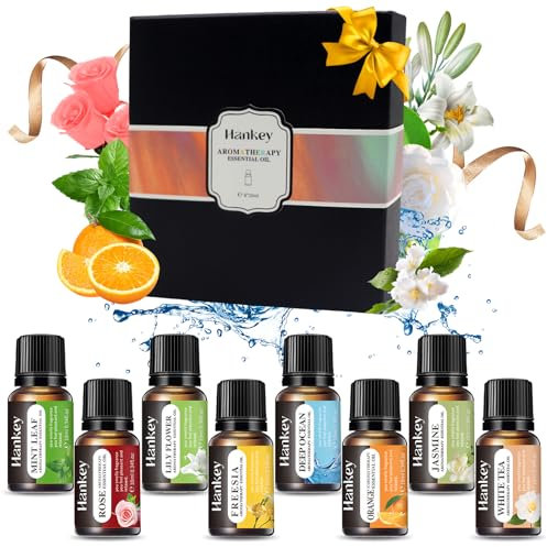 Angozo Ätherische Öle Set 8x10ml Reines Natürliche Duftöle Set Aromatherapie Duftöl GeschenkSet für Diffuser Duftlampen Luftbefeuchter, Rose Jasmin Lilie Minze Weißer Tee Süße Orange Ozeanduft Freesie
