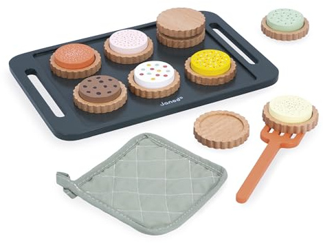 Janod Laboratorio di Biscotti in Legno, Kit da Forno, Vassoio per Biscotti con Guanto e spatola, Giocattolo imitativo per Bambini, Accessori da Cucina Ideali per Bambini, da 3 Anni, J06643