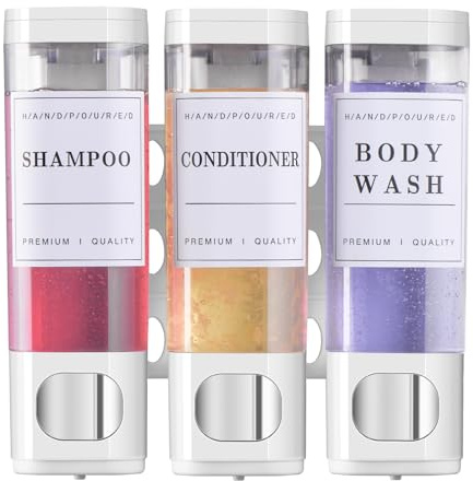 Shampoo- und Spülungsspender, Duschseifenspender, Wandmontage, kein Bohren, Shampoospender für Duschwand, Badezimmer, Hotel, 3 x 300 ml, Weiß