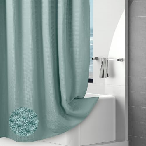 VANZAVANZU Hotelstil Waffel Duschvorhang 183x183cm, Wasserdicht & Waschbar, Schwerer Stoff Duschvorhang Textil mit Beschwerter Saum, Schimmelresistent Badevorhang für Dusche und Badewanne, Türkisblau