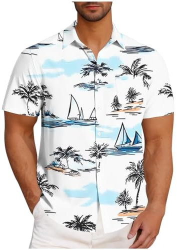 UHouse Chemise Hawaienne Homme Chemises Manches Courtes Respirant Chemisette Col Mao Leger Vêtements Fin Cut Button Down Shirt Court Ete Décontracté Habit Blanc L