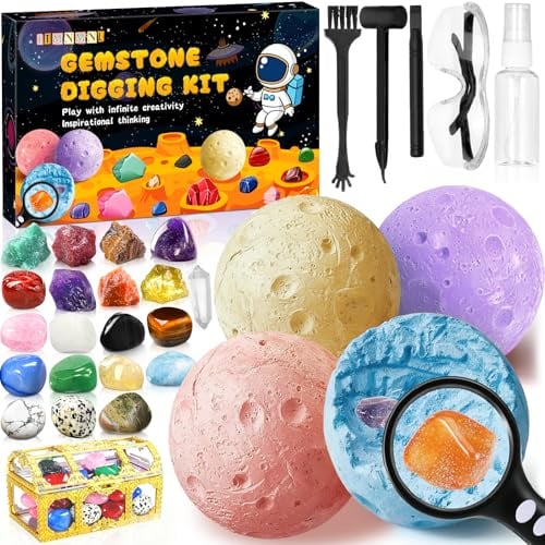 ITMNMNL Ausgrabungsset für Kinder,20 Edelsteine und Kristalle,Mond Schatzsuche Spielzeug,Mineralien Steine für Kinder ab 6-10,Planeten Geschenk für Jungen und Mädchen,Fossilien Ausgrabungsset
