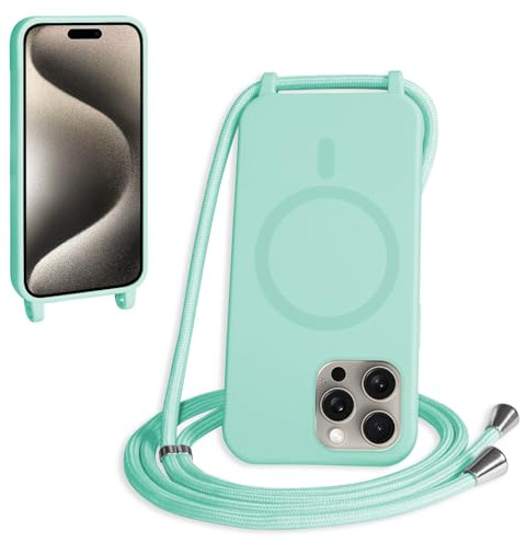 FMPCUON Magnética Funda con Cuerda para iPhone 16 Pro Compatible con Magsafe,TPU Antigolpes Protectora Silicona Case Carcasa con Ajustable Cordon Colgante Cadena,Verde Menta