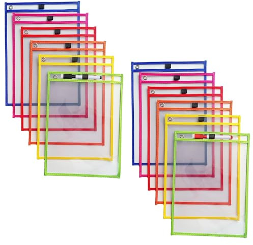 YFaith 12 Stück Abwischbare Durchsichtige Hüllen, A4 Trocken Abwischbare Taschen Reusable, Dry Erase Taschen 35,5 x 25,5 cm, mit 2 Stiften, für Schule, Büro, Zuhause