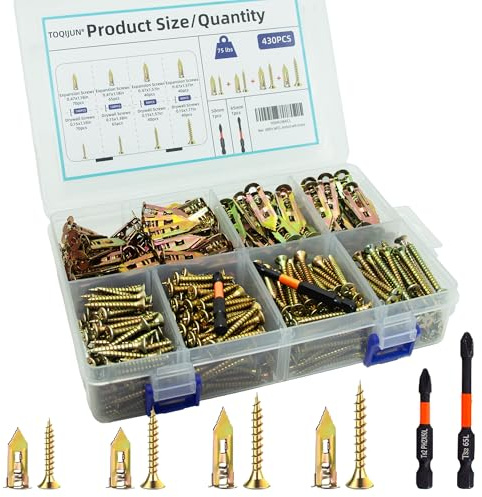 430 PCS Self Drilling Drywall Anchors with Screws Kit,2 Sizes Sheetrock Anchors & 4 Sizes Zinc Expansion Screws with 2 Drill Bits - Zinc-Plated Steel Material - No Drill Required Holds Up to 75LB
