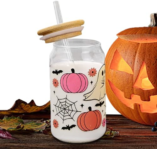 Gobelet d'Halloween avec couvercles et pailles pour - Tasse à café en verre et - 400 ml - Avec couvercles - Pour femmes, adolescents, - Pour café glacé et