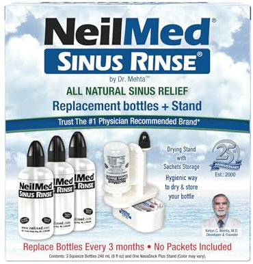 NeilMed Sinus Rinse Nasal Irrigation Replacement Bottle 3ct with NeilMed NasaDock Plus Drying Stand