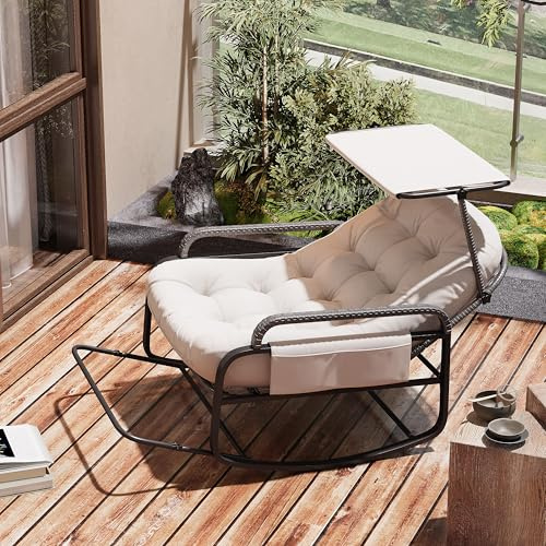 Fauteuil à Bascule de Jardin, Chaise à Bascule D'extérieur en Rotin avec Repose-Pieds Rabattable, Dossier Réglable et Pare-Soleil，Cadre en Métal,pour Chambre Salon Porche Jardin Terrasse,Beige