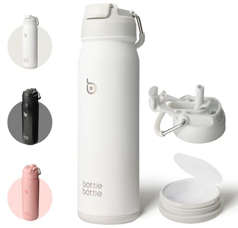 BOTTLE BOTTLE Insulated Water Bottle Stainless Steel 700ml（24oz） Bike Water Bottles with Straw and Adjustable Lid Daily Drink Flask Pill Organizer (White)