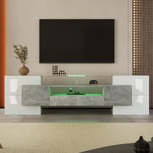 Qsddk TV Schrank mit 2 Schubladen und LED-Beleuchtung, TV Lowboard für 60-69-Zoll-Fernseher, Fernsehschrank Wohnzimmerschrank mit Hochglanz, TV Möbel Wohnzimmer Möbel, 200x35x60 cm, Grau