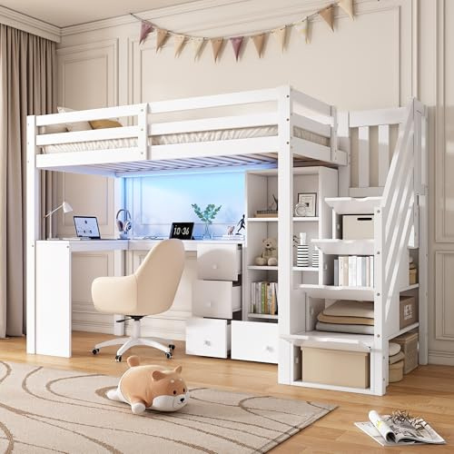 BTM 3ft Wooden Kids Single Loft Bed with Desk, High Sleeper Bed with Storage Locker, Smart LED Lights, Drawers, White (No Mattress)