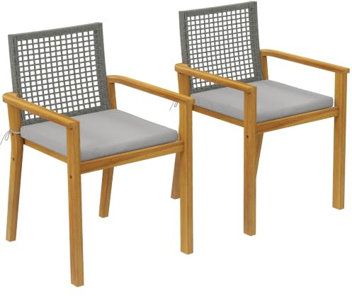 Outsunny 2er-Set Gartenstühle aus Holz für den Außenbereich, stapelbare Gartenstühle mit abnehmbaren Kissen, Armlehnen, Rückenlehne aus PE-Rattan, Belastbarkeit 160 kg, für die Terrasse, 59 x 55 x 86