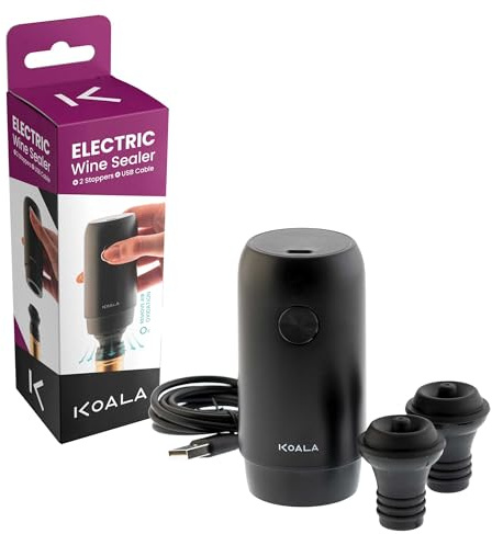 Koala Bomba de Vacío Eléctrica para Vino, Nivel Óptimo de Vacío para la Conservación del Vino, Recargable USB, Incluye 2 Tapones, Uso Fácil