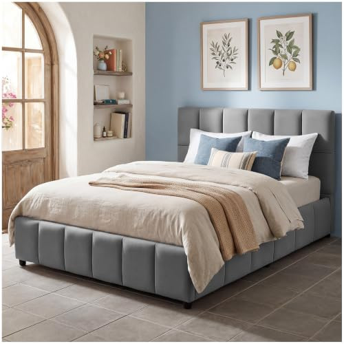 tectake® Polsterbett 140 x 200 cm, integrierter Lattenrost, 250kg belastbar | Kassettensteppung, pulverbeschichtetes Stahlgestell, pflegeleicht, bodenschonende Kunststofffüße, Samtoptik dunkelgrau