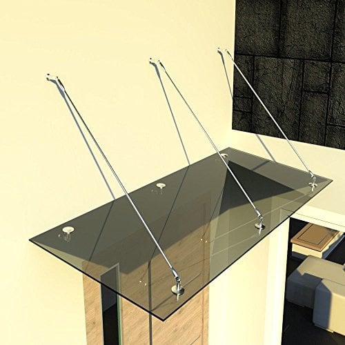 Glasvordach Vordach aus 13,14 mm starkem Verbundsicherheitsglas (VSG) mit hochwertigen V2A Edelstahlbeschlägen ALLE GROESSEN (Getönt 200cm x 90cm mit 3 Haltestangen)