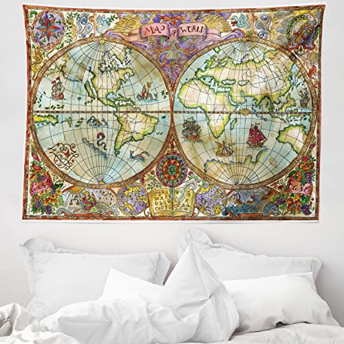 ABAKUHAUS Aquarell Wandteppich, Vintage Weltkarte Antike Grunge-Zeichnungen Mystische Abenteuer Entdeckung, aus Weiches Mikrofaser Stoff Wand Dekoration Für Schlafzimmer, 150 x 110 cm, Mehrfarbig
