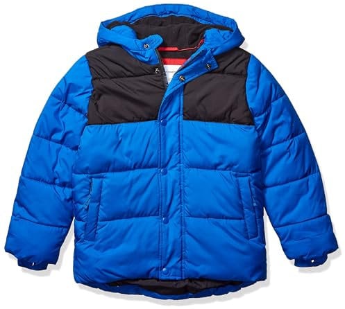 Amazon Essentials Jungen Schwere Pufferjacke mit Kapuze, Kobaltblau Schwarz Farbblock, 8 Jahre