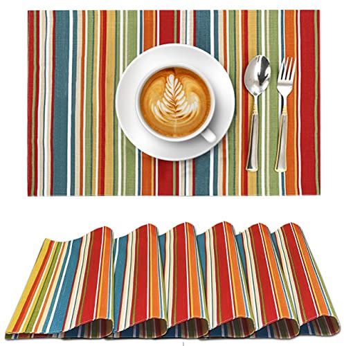 Ruvanti Tischsets 100% Baumwolle 13x19 Zoll, Esstisch Platzsets Set von 6, Moderne Tischsets für Esstischdekoration, Küche & Tischwäsche, Kaffeematte für Weihnachtsessen - Multi Stripe