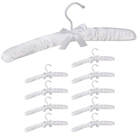 Relaxdays Satin Clothes Hanger Set of 10, Soft Padding, 360° Swivel Hooks, Decorative Bow, 38 cm Wide, White