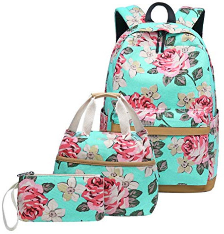 SellerFun Flower Print Canvas Girls USB Backpack Sets Women Laptop Daypack with Lunch Tote Bag Purse/Pencil Case(Green,25L)