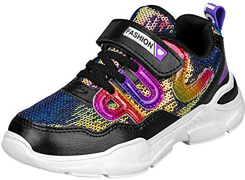 HSNA Mädchen Turnschuhe Glitzer Sneaker Pailletten Kinderschuhe mit Klettverschluss(a01 Schwarz 37 EU)