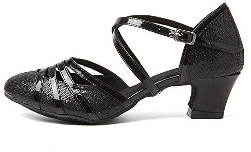 HROYL Women Glitter Latin Dance Shoes Low Heel Salsa Tango Ballroom Latin Party Wedding Dancing Shoes,512-Black-4.5,5.5 UK