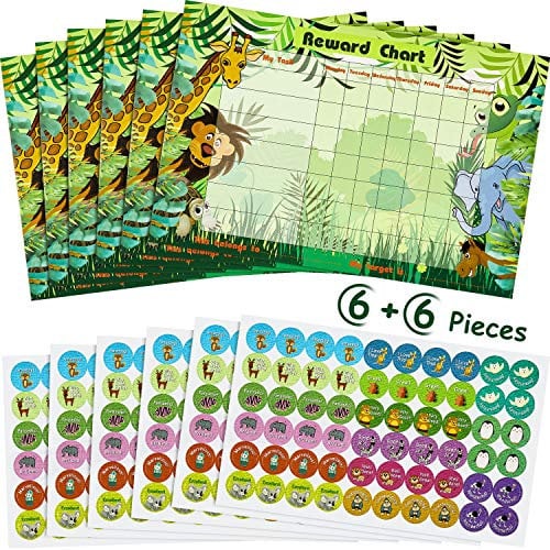 Outus 12 Pieces Reward Charts with Stickers Includes 6 Jungle Animals Charts and 6 Sheets Safari Stickers for Children Behavior Training