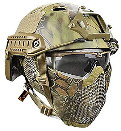 MH Taktik Fast Helm kombiniert, Mit Faltbarer Gehörschutz Halbgesichts Netz Maske und Goggles für Airsoft Paintball CS Game