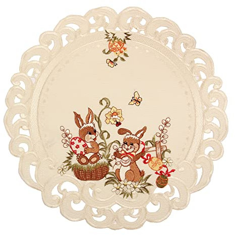 Quinnyshop Ostern Deckchen Häschen Ostereier Stickerei Ecru Creme Leinen Optik ca. 40 cm Rund