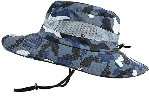 WANYI Sonnenhut Herren UV Schutz Outdoor Wanderhut Fischerhut Trekking Faltbar SafariHut Boonie Hat Dschungelhut Gartenhut Anglerhut Damen mit Kinnband 58-60CM (Tarnung Blau)