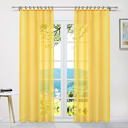 ESLIR Gardinen mit Kräuselband Vorhänge Fensterschal Transparent Schlaufenschal Voile Schal Uni Gelb BxH 145x260cm 1 Stück