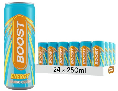 Boost Mango Crush Energy Drink, 24 Pack, 250ml Cans | Tropical mango flavoured energy drink combining exotic fruit taste with caffeine.