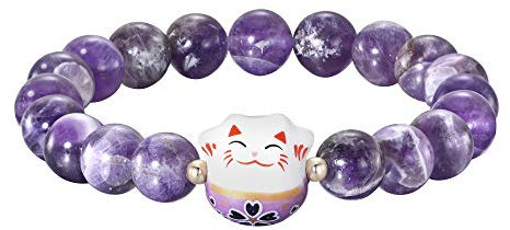 Générique Bracelet Japonais Maneki Neko (招き猫) Porte Bonheur Perles Naturelles (18 cm réglable) (Agate Améthyste)