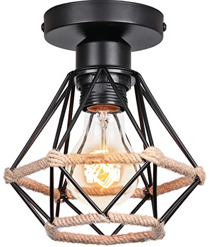 STOEX plafonnier industriel design rétro, éclairage de plafond en métal corde de chanvre, lampe cage chambre vintage lustre noir Ø160mm, ampoules E27 max.60W