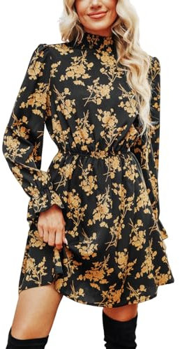 CUPSHE Women's A-Line Mini Dress Flowy Swing Ditsy Floral Print Long Sleeve Round Neck Smocked Fall Party Casual Dress Yellow M