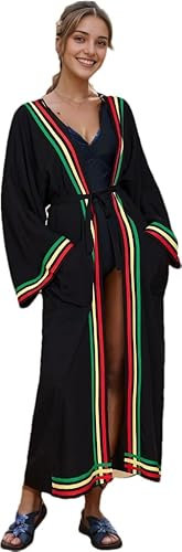 swimsuit coverup kimonos for women bird geometry print 3/4 sleeve kimono robe Loose Open Front Kimono duster, D-black, XL