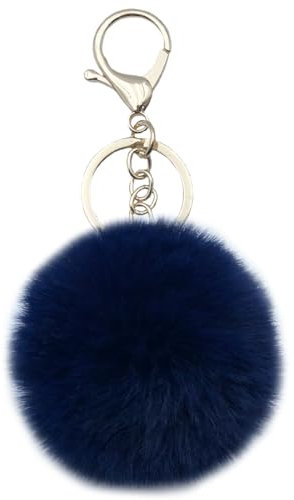 Xsclpomddy Porte-clés pompon en fausse fourrure avec pendentif en forme de boule en peluche douce pour sac de voiture, bleu foncé, 3.9in