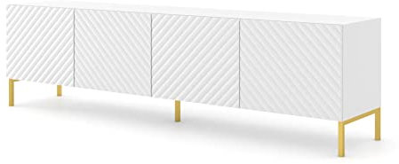 Homlando SURF RTV Cabinet 78.74x 16.54x 22.05 for 75 TV - 4 Door Lowboard, Push-to-Open System, Milled MDF Fronts, Modern TV Stand, Living Room Furniture White on Gold Frame