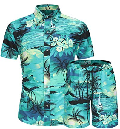 Yowablo Herren Mode Freizeit Hawaii Retro Print Strand Meer Urlaub Kurzarm Shorts Anzug Zweiteiler Herren Schal