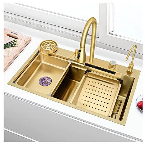 Fregaderos Negro Modernos para Cocina 1 Seno Kitchen Sink Fregadero de Cascada Volante Doméstico, Verduras Cuenco Individual con grifo extraíble, tabla de cortar, lavavasos, 3 tamaños, 5 colores ( Col