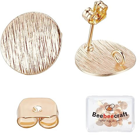 Beebeecraft 1 Box 20 unregelmäßigen Runden Ohrsteckern 18 Karat Vergoldet Flache Runde Ohrringpfosten Mit Schlaufe Und 20 Ohrmuttern Für Die DIY-Schmuckherstellung