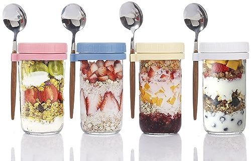 TempFoo Overnight Oats Jar Container set 4, 600ml Glass Mason Jars with Lids and Spoon, Cereal Milk Vegetable Fruit Salad Jam Protein porridge Clear Storage Containers, Breakfast Pots with Lid (No.1)
