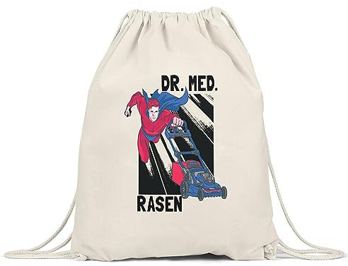 Hey!Print Dr. Med. Rasen Turnbeutel Gymsack Doktor Gartenarbeit Superman Superkraft Rasenmäher Gartenpflege Rasen Garten Pflege