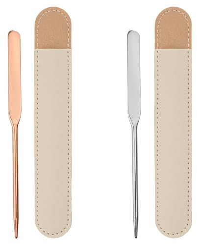 Set di 2 spatole da trucco con 2 custodie in pelle per PC, spatola per trucco riutilizzabile in metallo, spatola cosmetica in acciaio inox 304, spatola di bellezza adatta per bellezza (argento + oro