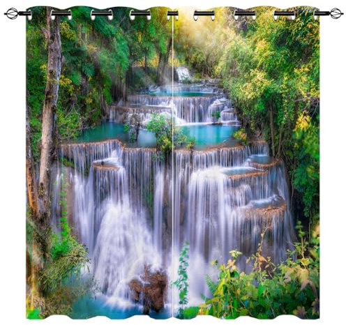YUANZU Wasserfall Vorhänge Dschungel Natur Wald Bäume Ösen Gardinen mit Blickdichte Vorhang Kälteschutz Blackout Curtain Wohnzimmer Schlafzimmer Verdunkelung Fenster, 2 Stück, H 114 x B 132 cm