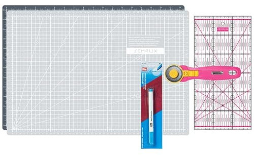 SEMPLIX Schneidematten Set - Schneideunterlage 45 x 30 cm (A3), Rollschneider Maxi, Patchwork Lineal + PRYM Aqua-Trickmarker (Grau/Pink)