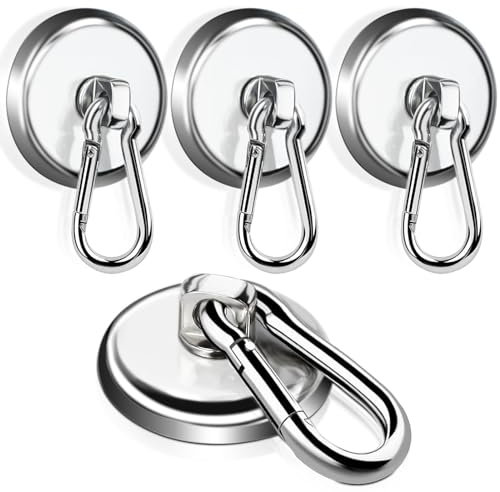 Magnethaken Extra Stark - Ganchos magnéticos de neodimio extra fuertes con ganchos, 25 mm de diámetro, 1 kg de gancho magnético con mosquetón giratorio, ganchos magnéticos con mosquetón fuerte, 4